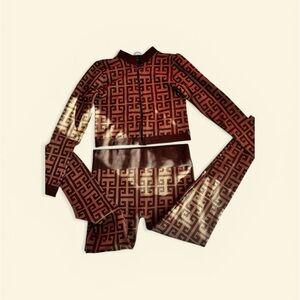 Brown Geo-Print Women's Jacket & Pants Set